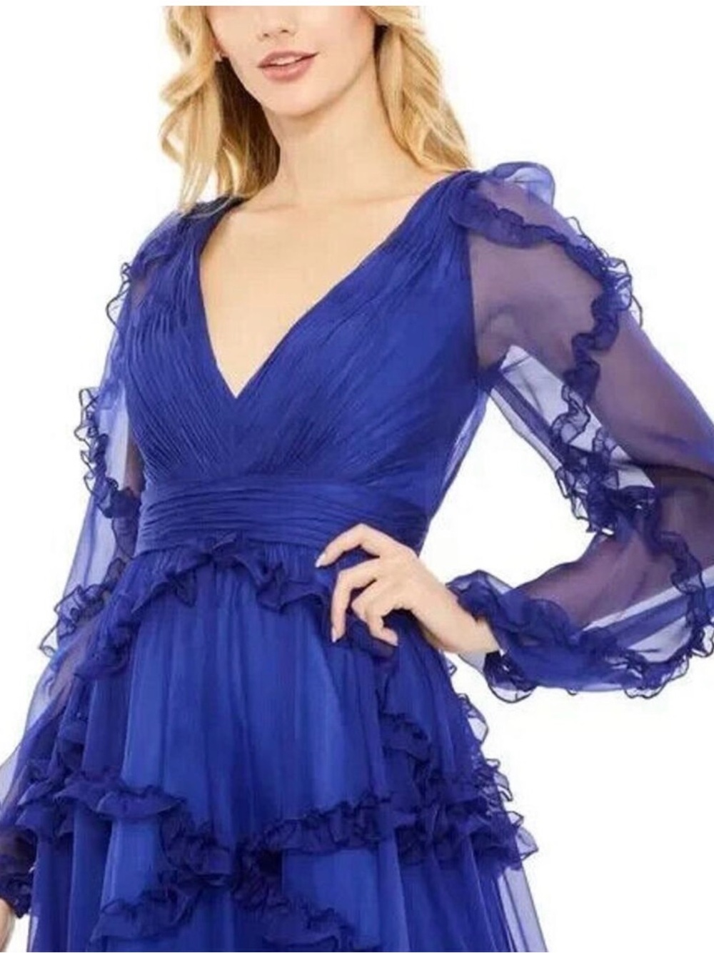 Mac Duggal Royal Blue V-Neck Ruffle Tiered Maxi Dress - Picture 3 of 9